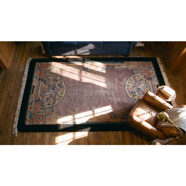 1920s Tan Ecru Medallion Antique Chinese Art Deco Carpet 4' X 6' 9'' Knotted Wool Rug For Sale - Image 14 of 15