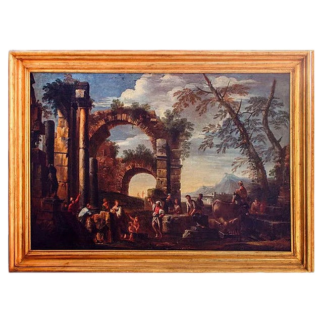 Roman Ruins with Figures - Original Oil On Canvas by Giovanni Ghisolfi Second Half of 17th Century For Sale