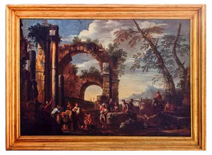 Roman Ruins with Figures - Original Oil On Canvas by Giovanni Ghisolfi Second Half of 17th Century