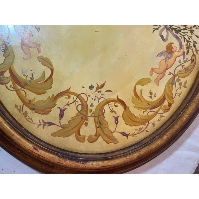 Yellow Pair of 2 Large Vintage Oval Original Hand Painted Oil Painting Cherub Frescos For Sale - Image 8 of 15