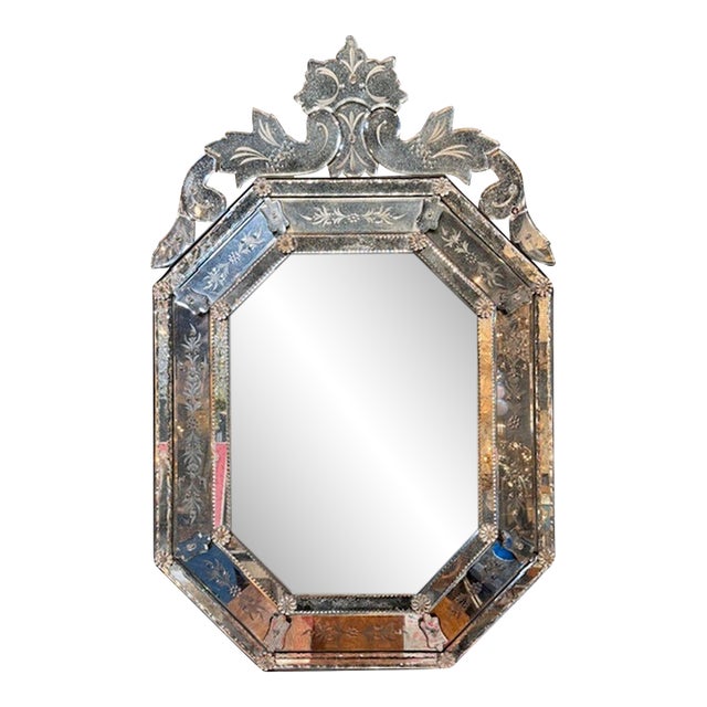 Antique Octagonal Etched Venetian Glass Cushion Mirror For Sale