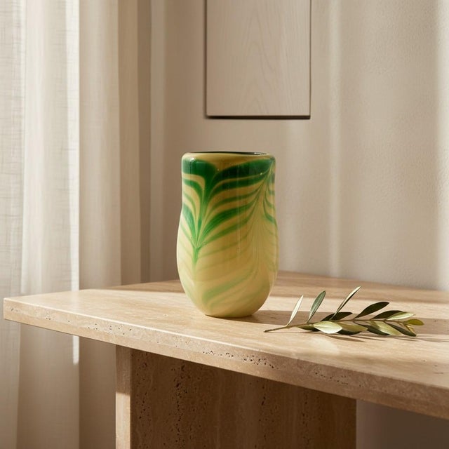 Yellow Vintage Studio Art Glass Vase-Green Yellow Swirl-Hand Blown-Murano Style-Modern For Sale - Image 8 of 11