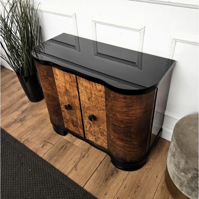 Black Mid-Century Art Deco Italian Burl Walnut Mosaic Dry Bar Cabinet with Mirror, 1960s For Sale - Image 8 of 12