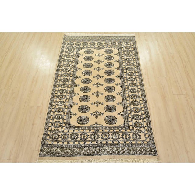 Tribal Bokhara Rug 4′ X 6’3” Beige Wool Tribal Hand-Knotted Oriental Carpet For Sale - Image 3 of 11