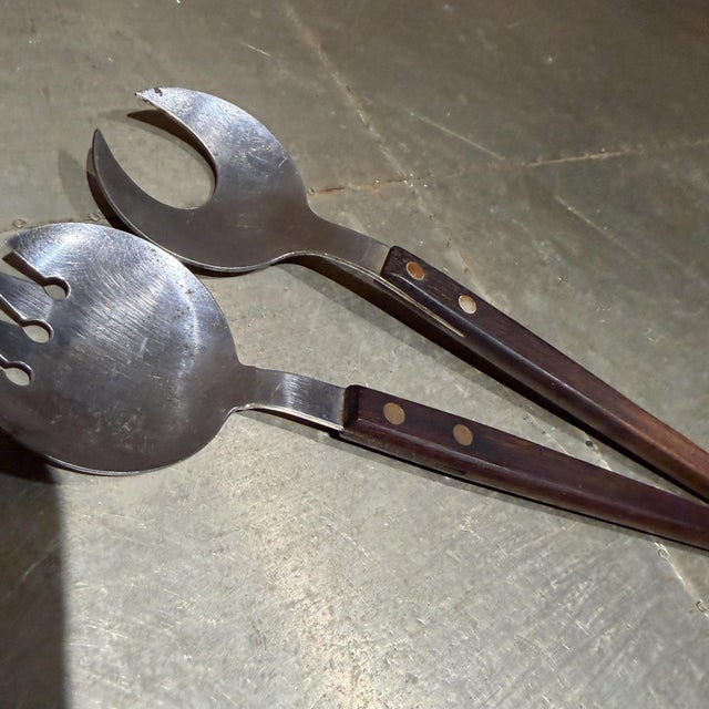 1960s Vintage Mid-Century Modern Salad Server Spoons Stainless Wood Japan For Sale - Image 5 of 6