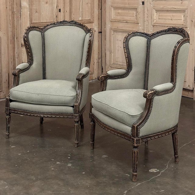 Pair Antique Louis XVI Style French Bergères ~ Armchairs in Walnut For Sale - Image 4 of 18