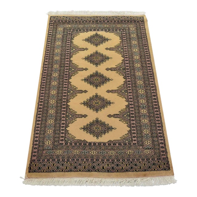 Bokhara Jaldar Rug 3’1” X 4’9” Beige Wool Tribal Hand-Knotted Oriental Carpet For Sale