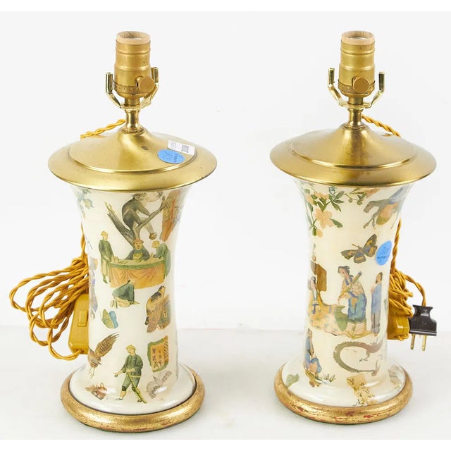Asian Antique Pair of Decoupage and Painted Lamps For Sale - Image 3 of 3