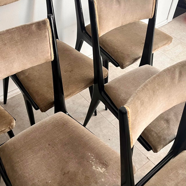 Black Dining Chairs in Black Lacquered Wood and Velvet attributed to Silvio Cavatorta, Italy, 1950s, Set of 6 For Sale - Image 8 of 12
