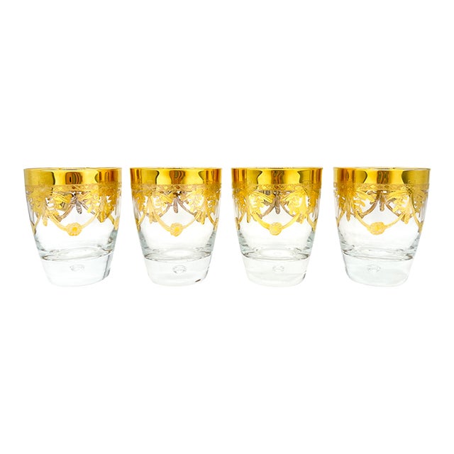 Set of 4 Italian Gilt Laurel & Tassel Lowball Glasses by Cre Art – Hollywood Regency / Neoclassical For Sale