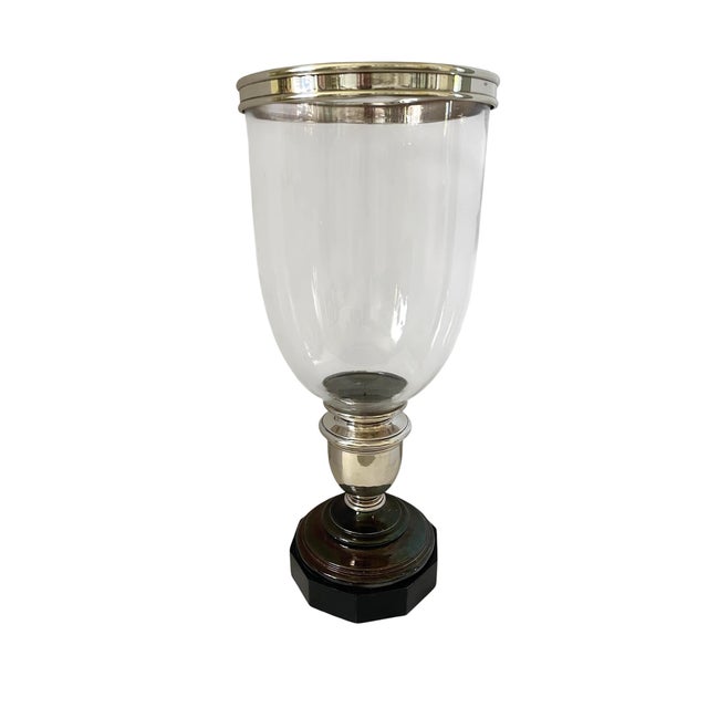 Ralph Lauren Large Ralph Lauren Hurricane Original Candle Holder. Glass, Silver Wood Base 23”x10” For Sale - Image 4 of 8