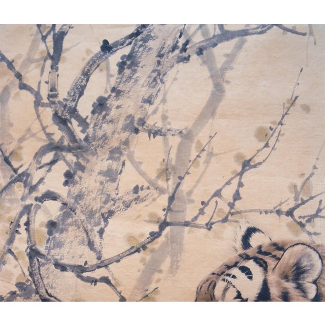Fine Antique or Vintage Chinese Watercolor Scroll Painting of Tiger on His Daily Walk For Sale - Image 9 of 18