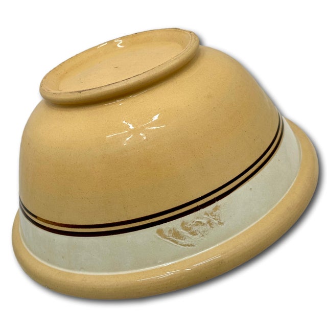 Nice Antique Large Thick & Heavy 13 Inch Brown & Cream Color Banded Yellow Ware Kitchen Mixing Bowl - Circa Late 1800s For Sale - Image 11 of 18