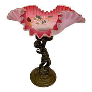 Ruffled Bowl Centerpiece on Bronze Cherub Base, Victorian Bride's Bowl