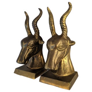 Vintage 1970s Patinated Brass Gazelle Bust Bookends - a Pair For Sale