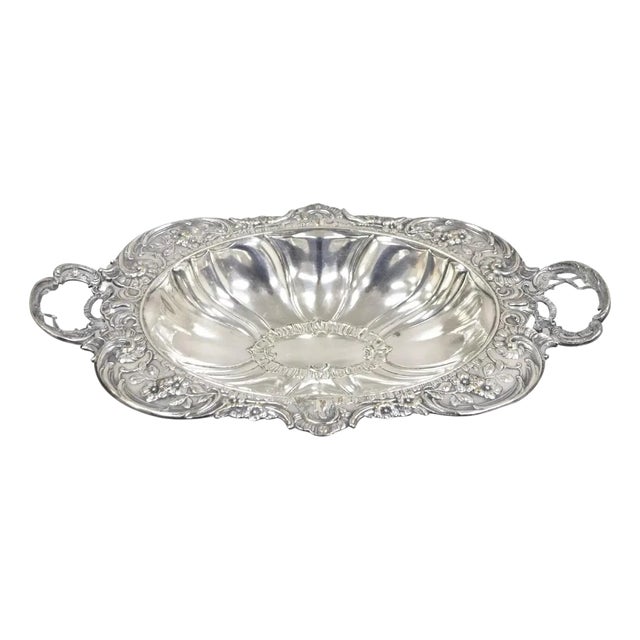 Vintage English Victorian Floral Repousse Ornate Twin Handle Footed Dish Bowl For Sale