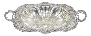 Vintage English Victorian Floral Repousse Ornate Twin Handle Footed Dish Bowl