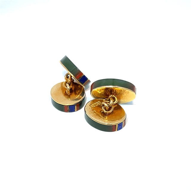 1970s Vintage Tiffany & Co. X Ralph Lauren 18k Gold Striped Inlaid Stone Cufflinks, A Pair For Sale - Image 5 of 10