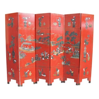 Antique Asian Red Lacquered 6 Panel Screen For Sale