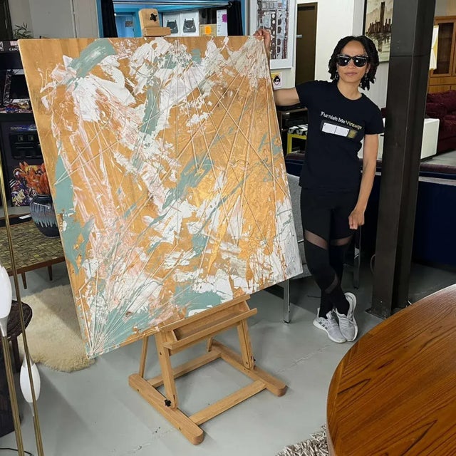Contemporary Abstract Expressionist drip painting by Tampa artist, Emily Tan. The copper and sage paint ignites the...