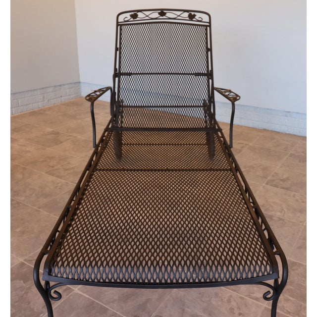 Metal Vintage 1960s Woodard Wrought Iron Chaise Lounges, Pair, Floral Scrollwork, Adjustable, With Wheels, Attributed For Sale - Image 7 of 12