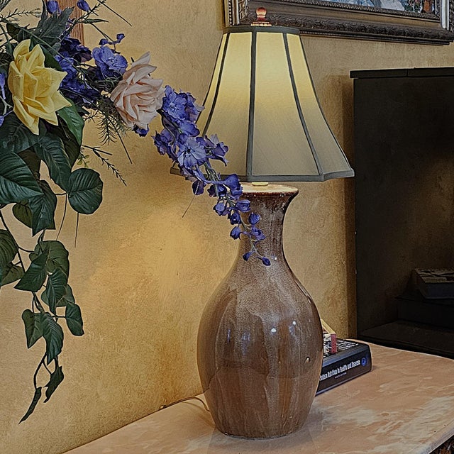 Vintage Ceramic Drip Glaze Table Lamp in Brown Studio Pottery Style With Tapered Shade For Sale - Image 17 of 18