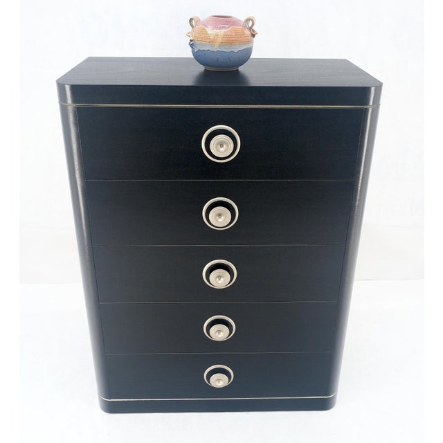 Black Lacquer & Silver 5 Drawers Art Deco Tall Chest Dresser MINT For Sale - Image 10 of 18