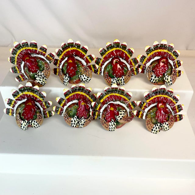 Farmhouse Vintage Boho Chic Americana Arts & Crafts Enameled Tole Turkey Napkin Ring - Set of 8, Thanksgiving For Sale - Image 3 of 11