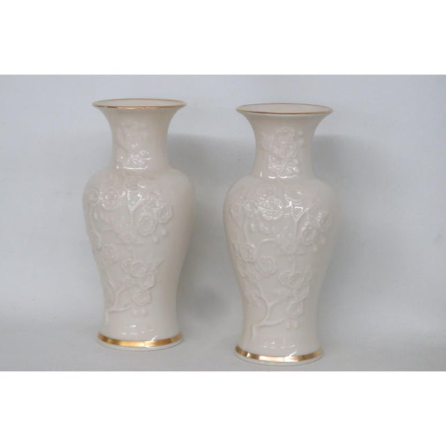 Late 20th Century Lenox Ming Blossom Vase Pair of 2 Embossed Ivory Porcelain With Gold Trim 4930b For Sale - Image 5 of 17