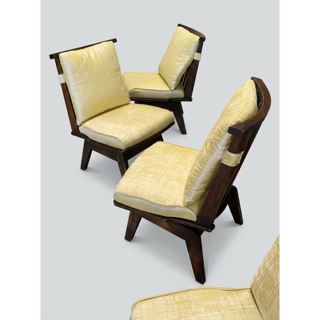 Mid-Century Modern Rare 7-Piece Mid-Century Modern Japanese Dining Set With Tiger Oak Live-Edge Trestle Table & 6 Swivel Chairs For Sale - Image 3 of 13