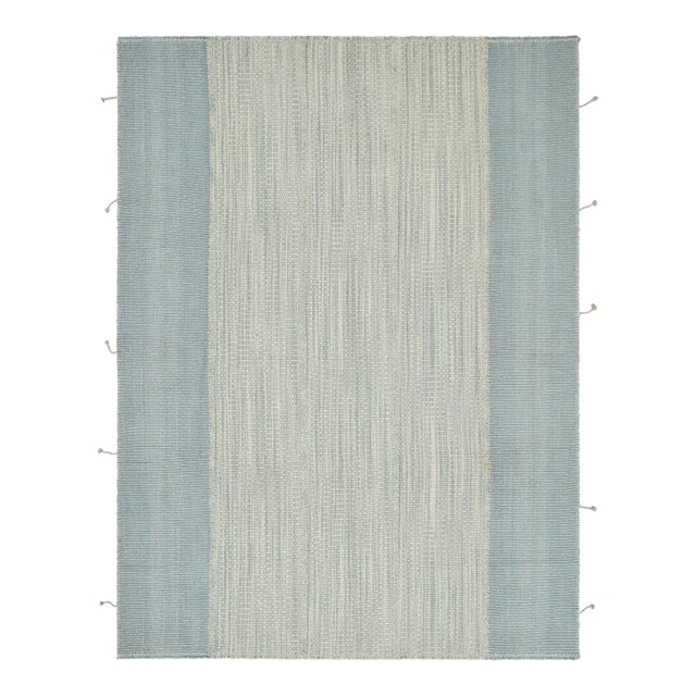 Rug & Kilim’s Contemporary Kilim in Blue Textural Stripes, White and Gray Accent For Sale