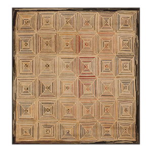 1890s Camel Log Cabin Folk Art American Hooked Rug 4' 5' 'X 4' 5'' Wowen Wool Carpet