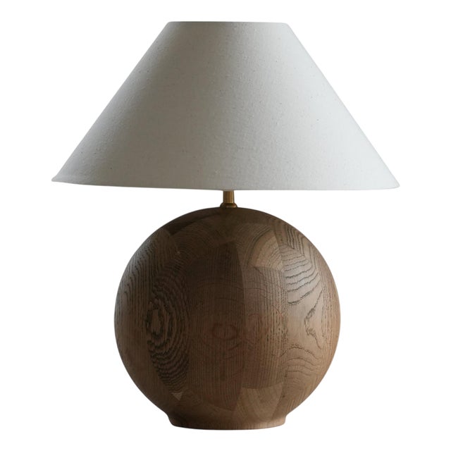 Danish Sculptural Round Oak Table Lamp by Kirk, 1980s For Sale