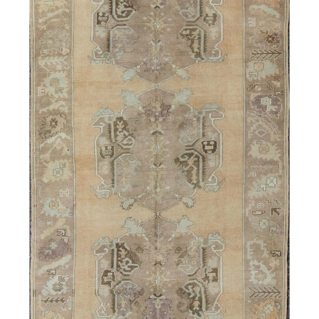 Vintage Turkish Oushak Gallery Rug in Soft Camel, Taupe, and Muted Blue Tones For Sale - Image 4 of 9