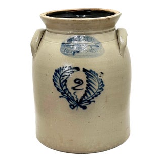 Antique 1870s American Blue Decorated 2 Gallon Stoneware Storage Jar by Burger & Lang Rochester New York For Sale