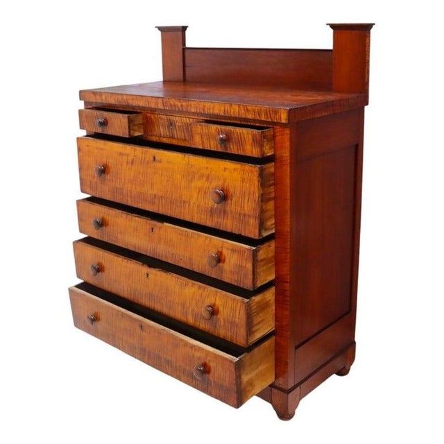 Traditional American Empire Cherry & Tiger Maple 7 Drawer High Chest With Backsplash C1830 For Sale - Image 3 of 10