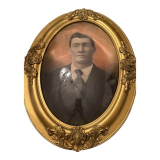 Antique Hand Tinted Pre 1890s Photo Ornate Frame Convex Bubble Glass 19x25” For Sale