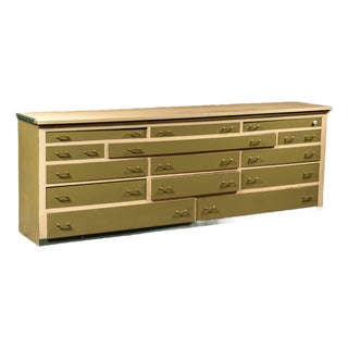 Antique Monumental General Store Counter Cabinet in Olive Green For Sale