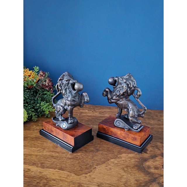 Art Deco Antique Bronze & Wood Lion Bookend Pair For Sale - Image 3 of 18