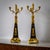 Pair of girandoles with three-flame candelabra made of fire-gilt and burnished bronze. The candlesticks stand on a three-...