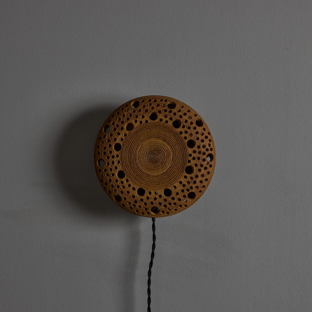 Brown Early 1970s Per Bovin Hand Thrown Perforated Earthenware Plug-in Wall Lamp For Sale - Image 8 of 18