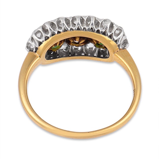 1910s Edwardian Diamond Demantoid Garnet 18k Yellow Gold Platinum Ring, Size 5.25 For Sale In Los Angeles - Image 6 of 6