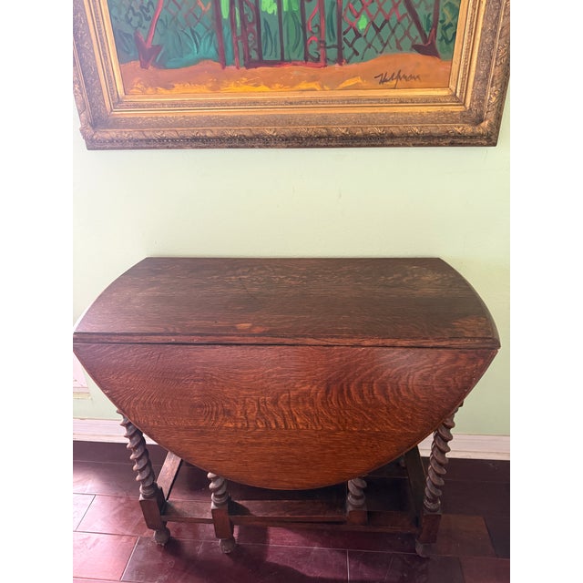 Antique Solid Oak English Drop Leaf Barley Twist Table For Sale - Image 9 of 10