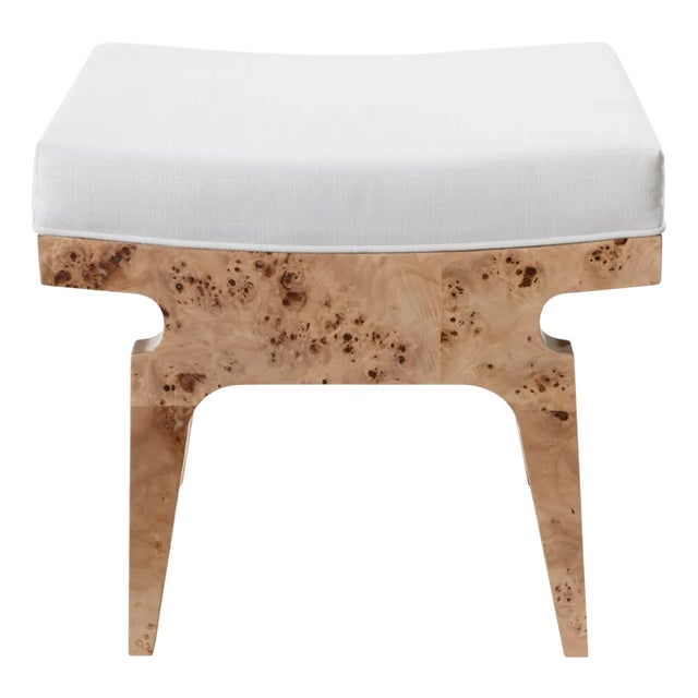 Matthew Izzo Home Fergie Burlwood & White Linen Stool For Sale