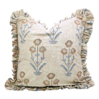 Block Print Boho Frill Pillow Cover Handmade Linen, Double-Sided Floral, Decorative Throw Cushion for Home 24x24 Inch -Amitab For Sale