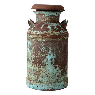 Antique Turquoise Painted Metal Milk Can For Sale