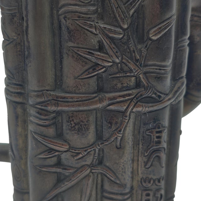 Vintage Chinese Bamboo-Form Cast Metal Teapot Sculpture With Relief Motifs (7.5") For Sale - Image 14 of 16