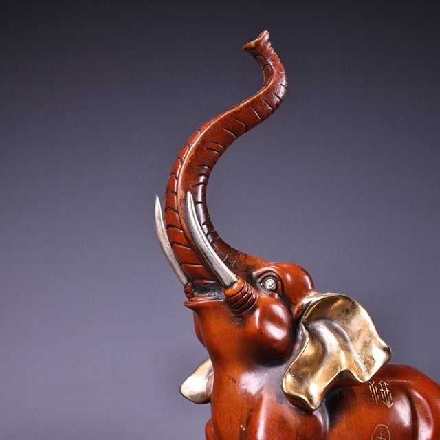 Metal Pair of Gilt Bronze Elephant Figures – 10.6" Vintage Sculptures With Inscriptions For Sale - Image 7 of 9