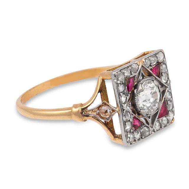 19th Century Victorian Old European Cut Diamond Ruby 18k Yellow Gold Platinum Ring, Size 8.5 For Sale - Image 4 of 6