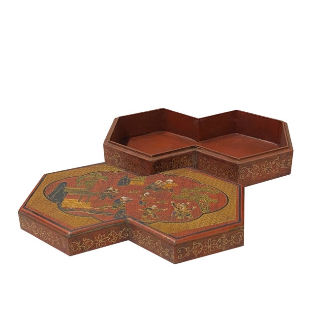 Chinese Distressed Brown People Graphic Rectangular Decagon Shape Box For Sale - Image 4 of 8